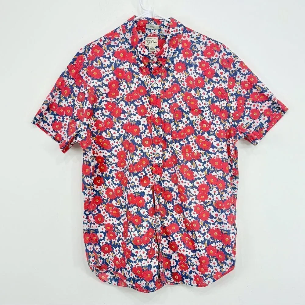 J. Crew Blue Red Floral 100% Cotton Slim Fit Button Down Short Sleeve Shirt
